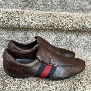 Gucci Men's Brown Leather Fabric Stripe Trim Shoes